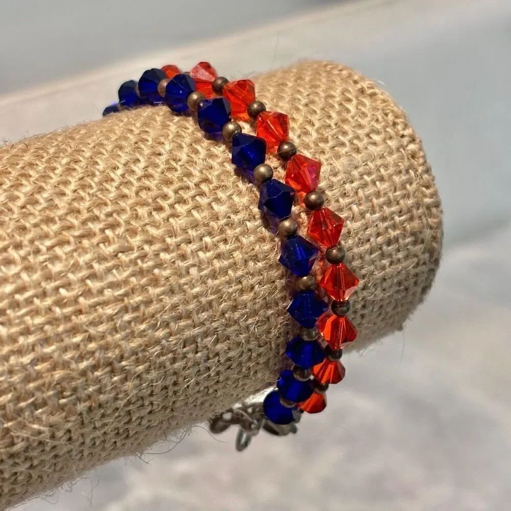 Lot Of 2 Crystal Sterling Silver Chain Adjustable Beaded Bracelet Blue Orange OS